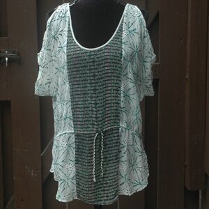 Anthropologie Language M Green & White Tie Dye Eyelet Blouse EUC